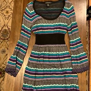 INC black purple teal grey striped bell sleeves sweater dress medium